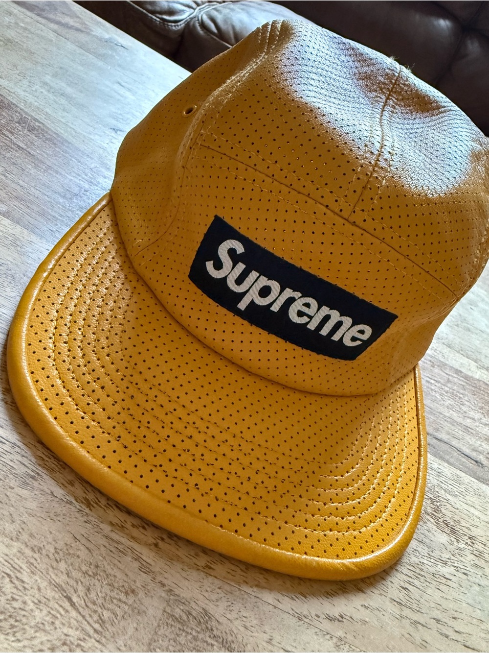 Supreme Yellow Mustard Perforated Leather 5-Panel Camp Cap Hat, Black Box Logo